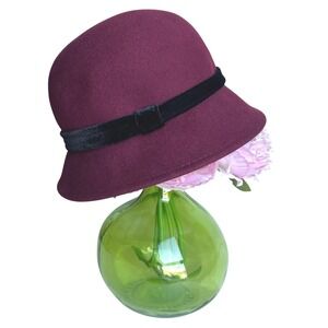 Vintage Augusta Burgundy Wool Felt Cloche Hat Black Velvet Ribbon Trim, 22"